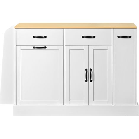 Credenza da cucina in MDF bianco con 3 cassetti, vano pattumiera e portaspezie laterale HOMVRA (1/5)