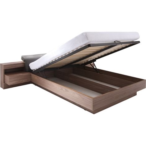 Bett mit Bettkasten RENATO 160x200 mit Lattenrost und Nachttischen mit LED in Walnussfarbe (1/4)