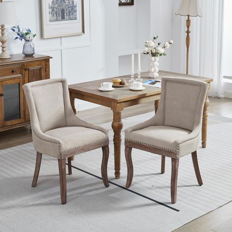 Lot de 2 chaises de salle à manger - Chaise Idéales pour Cuisine et Salle à Manger – chenille beige – pieds bois (1/5)