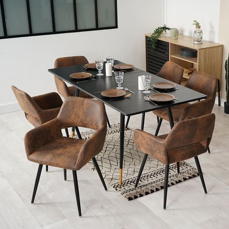 MEUBLES COSY Ensemble de salle à manger sept pièces comprenant une table extensible et six chaises en microfibre marron. (1/5)