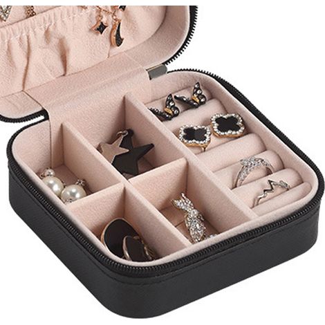 Exquisite Reise-Schmuckbox mit großem Fassungsvermögen, Schwarz, 10 x 10 x 5 cm, kratzfest, tragbarer Organizer aus PU-Leder (1/4)