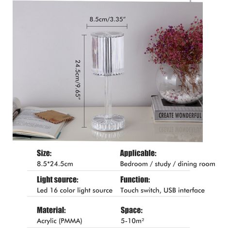 Lampe de table tactile en cristal rechargeable, 16 couleurs RGB changeantes, lampe de chevet décorative pour chambre ou salon