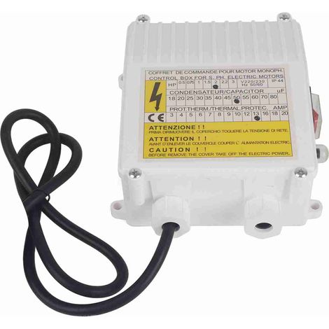 Coffret de commande pour pompe submersible de puits profond, disjoncteur thermique intégré, 1,5 kW 2 CV, 80 µF 25 A, prise US 110 V, usage domestique (1/5)