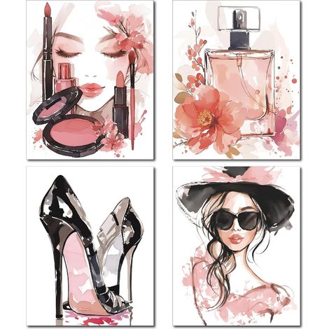 4 pièce de Maquillage Rose - Impression sur Toile - Femme Tendance - Décoration Aquarelle - Talons Hauts - Parfum - Beauté - Décoration Murale pour Chambre à Coucher 25x20cm sans Cadre (1/5)