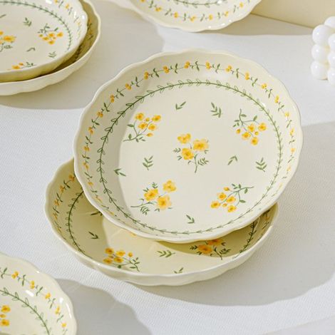 Deux assiettes rondes - Vaisselle à motif floral - Compatible micro-ondes - Compatible lave-vaisselle - Vaisselle pour anniversaire et mariage - Céramique - Jaune (1/5)