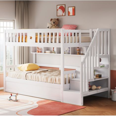 Letto a castello 90x200 cm bianco in legno con vano idraulico, scala contenitore e ripiani (1/5)