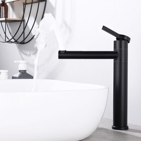 Noir Robinet Salle de Bain Mitigeur pour Vasque Haut Bec Pivotant 360°  Robinetterie de Lavabo en Acier Inox Design Moderne