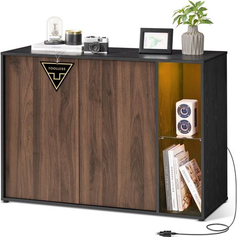 SONGMICS HOME Credenza, Snapsemble Montaggio Rapido, Armadio, Mobile TV con Illuminazione e Ripiano in Vetro, Minimalista, Noce Naturale e Nero Ebano BBK372B01 (1/5)