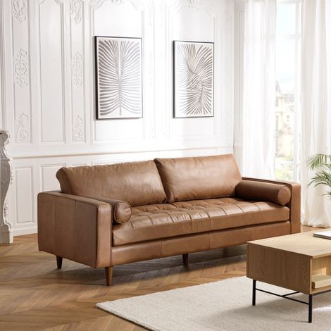 PIERRE - Canapé 3 places cuir couleur caramel assise capitonnée (1/5)