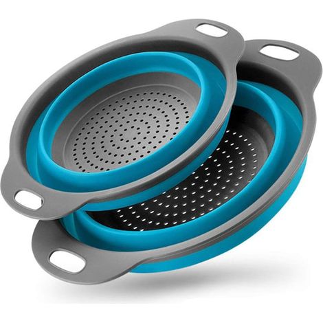 Lot de 2 passoires de Cuisine Pliables et Non Toxiques, faciles à Nettoyer, 2 Tailles Bleu (1/5)