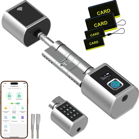 Serrure électronique, empreinte digitale, avec écran, code, RFID et clé, cylindre réglable, pour portes asymétriques et standard, 60 à 130 mm (1/5)