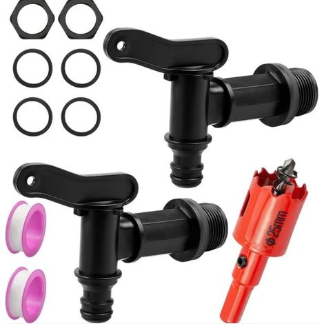 Lot de 2 Robinets pour Cuve en Plastique, Raccord de Récupération d'Eau de Pluie, Adaptateur pour Tuyau d'Arrosage, Valve de Remplacement Résistante, pour Jardin, Usage Industriel et Collecteur d'Eau (1/5)