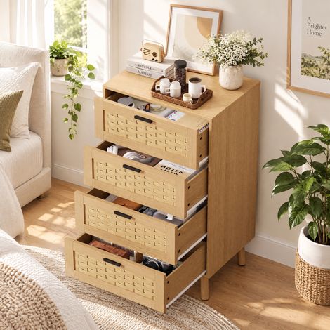 Buffet 55 x 40 x 95 cm avec 4 tiroirs en bambou tressé, Grand plateau et poignées en métal noir, Meuble de rangement style maison de campagne, nNaturel (1/5)