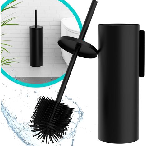 1 Kit Brosse WC, Silicone Souple, Boîtier Métal Noir Mat, Fixation Murale Adhésive Ou À Vis, Pour Salle De Bain
