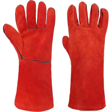 Leather BBQ Gloves, Heat Resistant Oven Gloves, Welding Gloves, Fire and Heat Resistant, for BBQ, Baking, Oven, Welding, Fireplace, Gardening - Red (1/5)
