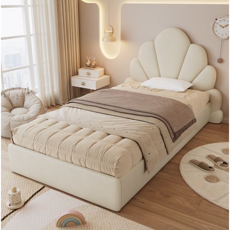Bett 90x200 cm modern gepolstert in Beige, Samtbezug, Blüten-Kopfteil, Lattenrost und seitliche Ablagen (1/5)