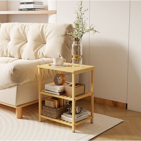 Mesita auxiliar de bambú con 3 niveles y estantes de lamas para salón o dormitorio, compacta para espacios pequeños y almacenaje diario útil – CHICFURN (1/5)