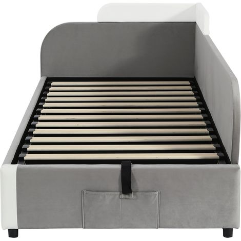 Lit enfant hydraulique avec rangement 90x200 cm velours gris avec barrière latérale droite (1/5)