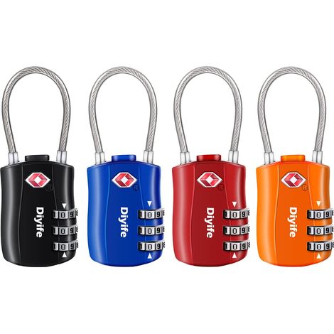 Serrures à Bagages TSA 4 Pack, Cadenas de sécurité à 3 Chiffres, Noir Bleu Rouge Orange Cadenas Code Valise à 3 Chiffres, Mini Cadenas Sac à Dos, Câble Flexible pour Bagages, Les Valises de Voyage, S (1/5)