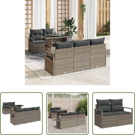 Gartentisch - Gartensofa-set mit Speicher mit Kissen 6 pcs Grau Poly-Rattan (1/5)
