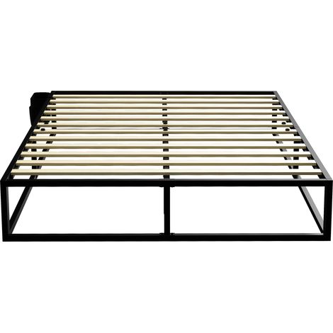 Beyamis Cadre de lit 140 x 190 cm avec base de matelas, lit double avec poche de rangement, support de lamelles en bois, noir (1/5)