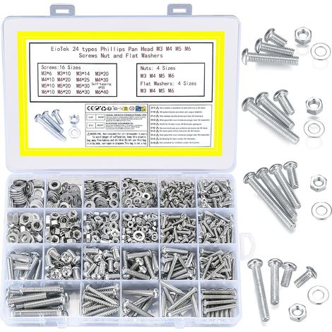 1080 Pièces Set Vis écrous Rondelles, M3 M4 M5 M6 Vis Boulons Plate Autotaraudeuses Kit Assortiment pour Fixation Bricolage (1/5)