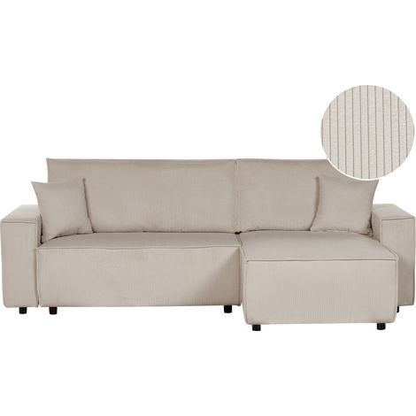 Sofá cama esquinero de pana beige función extraíble respaldo tapizado con cojines adicionales izquierda Abacka (1/5)