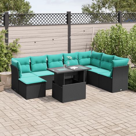 9-teiliges Gartensofa-Set mit Kissen, schwarzes Polyrattan (1/5)