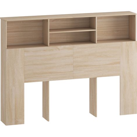 Tête de lit autoportante avec espace de rangement, accessoire de lit avec 4 compartiments ouverts, 140 x 19 x 103,5 cm, aspect bois. (1/5)