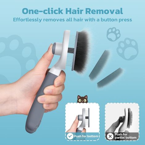 Cat Brush Dog Brush [Ergonomic Grip & One-Click Cleaning & Patented Design] Tool for Dogs/Cats/Rabbits with Short and Long Hair, Dog Accessories (Grey) (1/4)
