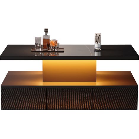 Zweistufiger Couchtisch fürs Wohnzimmer mit 16-farbigem LED-Licht, Hochglanz-Wohnzimmertisch, Sofatisch mit offenem Ausstellungsregal und 1 Schiebeschubladen, kleiner rechteckiger Mitteltisch, schwarz (1/5)
