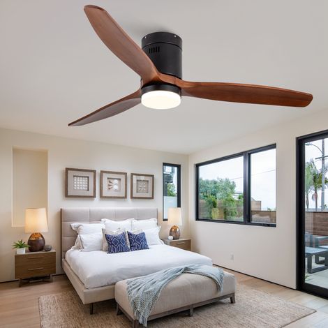 Ventilateur de plafond avec lampe LED, plafond silencieux pour salon avec télécommande, 3 pales en bois massif et métal 132 cm, Noyer Foncé