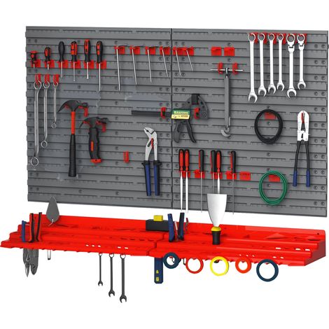 Panneau perforé mural pour outils, ensemble de 54 porte-outils pour atelier, bacs de rangement, crochets, PP, gris et rouge, 95,5 x 23 x 53,5 cm