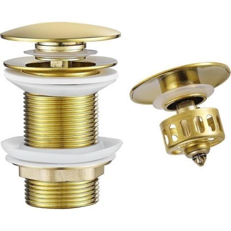 Tappo di scarico a scomparsa dorato per doccia e lavabo senza troppopieno, tappo di scarico con cestello filtrante, tappo di scarico in ottone per lavabo del bagno (1/5)