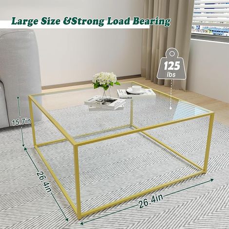 Square Glass Coffee Table, Modern Table, Central Tea with Sturdy Metal Frame, Sofa Side Table for Living Room, Tempered Top, 67 x 67 x 40 cm (1/4)