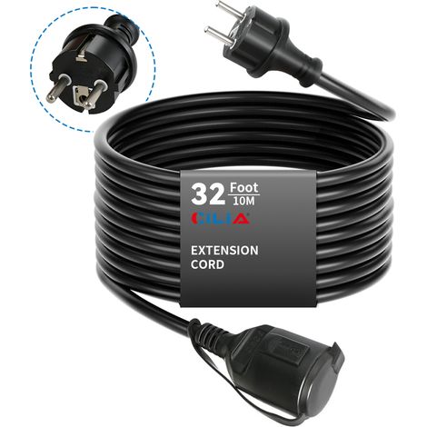 CILIA Rallonge Électrique avec Clapet 10m Câble d'Extension Noir 16A 3680W Fiche Coudée 90° Schuko Idéal Jardin, Tondeuse et Bricolage, Noir