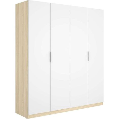 Armario ropero 4 puertas abatibles acabado roble claro/blanco, 203.5cm(alto) 182cm(ancho) 51.4cm(largo)