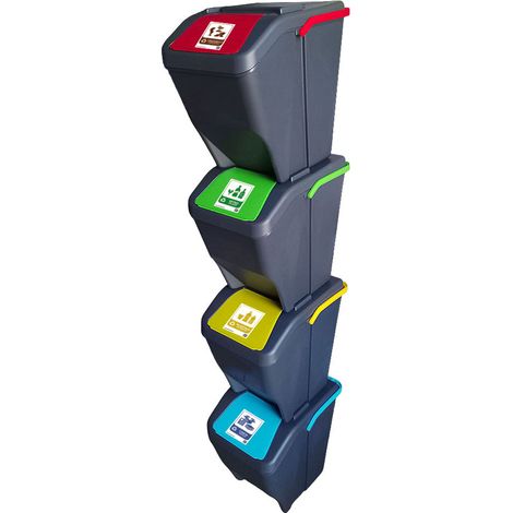 Set 4 Pattumiere per la Raccolta Differenziata 100L con Etichette carta plastica vetro organico sovrapponibili e modulabili componibili contenitori rifiuti (1/5)