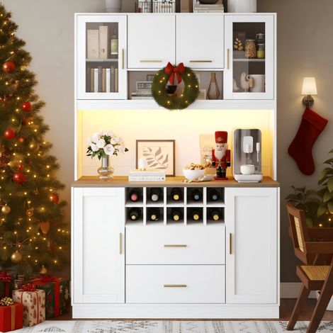 Buffet Haut 180cm avec Éclairage LED App et Prises Intégrées, 6 Portes 2 Tiroirs et Étagère à Vin, Noir et Blanc Poignées Dorées, Anti-Basculement (1/5)