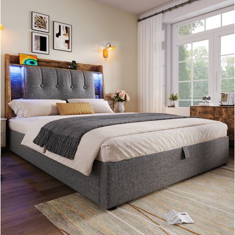 Letto imbottito moderno 90x200 cm in lino grigio con testiera contenitore, porte USB e USB-C, LED laterali (1/5)
