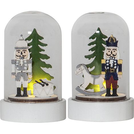 Décoration de Noël LED Star Trading 'Casse-Noisette', lot de 2 cloches en verre avec casse-noisette et sapin en bois, à piles, H 9 cm