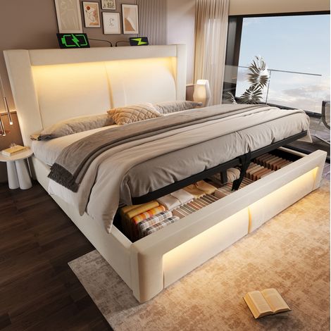 lit adulte rangement coffre 140x200 velours LED beige OKMYHOME (1/5)