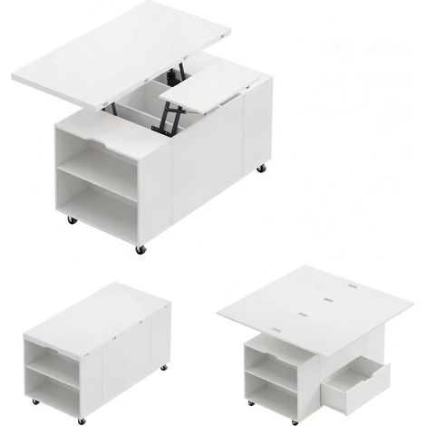 Mesa de centro elevable con ruedas bloqueables, blanca, 100 x 50 x 53 cm, madera y metal (1/5)
