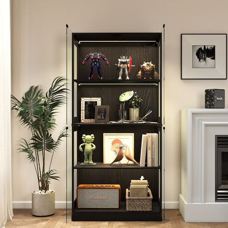 Puluomis Vitrine en verre avec éclairage LED à capteur, Meuble de Rangement avec Etagères,Armoire Multifonction en Verre Debout avec étagères à 4 Niveau, Armoire de Salon, bois, 80 x 35 x 165 cm, noir (1/5)