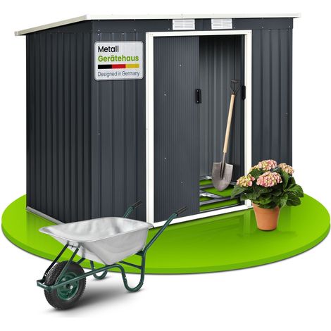 Juskys Metall Gerätehaus - Geräteschuppen Gartenhaus Garten Schuppen mit Fundament, Schiebetür & Pultdach - M Anthrazit - 4m³ - 213 × 130 × 173 cm (1/5)