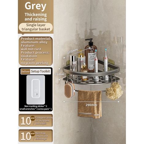 (Poteau triangulaire gris) Installation sans perçage : étagère de salle de bain en aluminium, porte-shampoing, rangement pour cuisine (1/5)