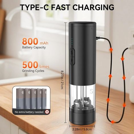 Moulin à poivre électrique 2 en 1 à double réservoir et double tête de broyage, chargement USB, broyeur automatique avec indicateur LED de puissance et épaisseur de broyage réglable, noir (1/3)
