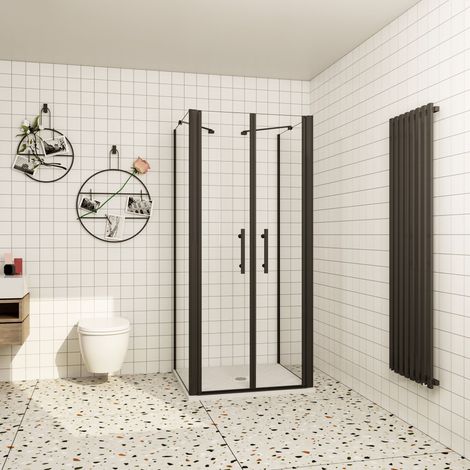 AICA 70x195cm schwarze U Form Dsuchabtrennung DuschwändePendeltür mit Seitenwand,6mm Nano NANO ESG Glas, 450mm Stützstab (1/5)