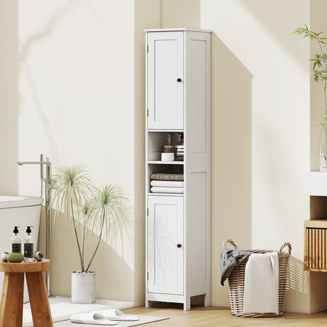Armoire de salle de bain haute avec 2 étagères ouvertes et 2 placards à étagères réglables. En bois. 30 x 30 x 170 cm. Blanche.