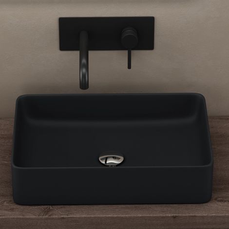doporro Lavabo da Appoggio 58x38x13,5cm Lavandino Bagno Rettangolare in Ceramica Nero opaco Lavamani Lavello Moderno con Foro di Scarico e Rivestimento Nano per Guardaroba Bagno Brüssel105D